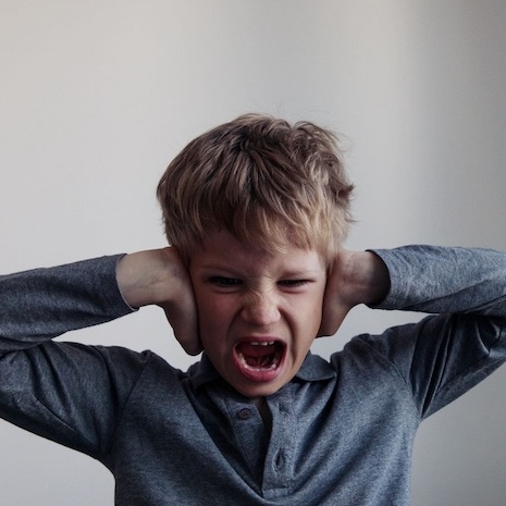 een kind schreeuwt en houdt zijn handen op de oren door overprikkeling